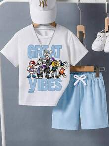 SHEIN 2件套儿童/青少年男童休闲卡通动物印花圆领宽松短袖白色T恤和蓝色短裤套装，运动服，Y2K风格，SS26，适合春夏、郊游、情人节、约会、旅行、度假、家庭聚会、返校、婚礼、派对、运动、生日等场合。 - 彩色 - 查看 3