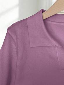 2026 Nuevo Blusa de punto ajustada de unicolor con cuello vuelto, manga corta raglán para mujer, primavera/verano - Azul - Ver 10