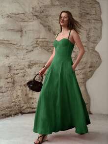 MOTF PREMIUM WOMEN'S LINEN CUP DETAIL TIE SHOULDER FITTED DRESS - Green - View 7