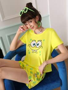 SpongeBob SquarePants | SHEIN Chillnights Cartoon Print Young Energetic Cute Short Sleeve & Shorts Women Pajama Set - Yellow - View 3