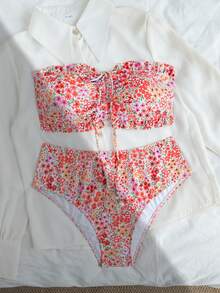 Swim Vcay Women's Summer Beach Vacation New Cute Strapless Floral Ruffled Ditsy Floral Bikini Set Set With Delicate Pearl Pendant And Drawstring Tie - Multicolor - View 3