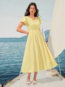 Rafferiza Women's V-Neck Ruffle Sleeve Cinched Waist Pleated Flare Dress, Casual Vacation Style, Light Yellow, Spring/Summer - Light Yellow - View 3