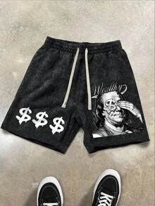 Manfinity EMRG 男士深灰色夏季街頭風城市度假水洗短褲，復古圖案美元符號班傑明·富蘭克林印花，Y2K哥德風休閒短褲 - 彩色 - 查看 2