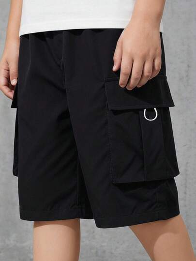 Kids/Tween Boys' Casual Comfortable Loose Fit Cargo Shorts With Pockets, Black, Suitable For Spring/Summer Seasons, Outings, Valentine's Day, Dates, Travel, Vacations, Family Gatherings, Back To School, Weddings, Evenings, Sports, Birthday Parties