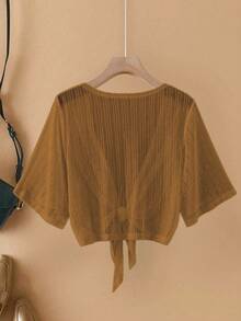 EMERY ROSE Plus Size Women Elegant Lace Mesh Sheer Sleeve Beach Cover Up Jacket - Coffee Brown - View 2