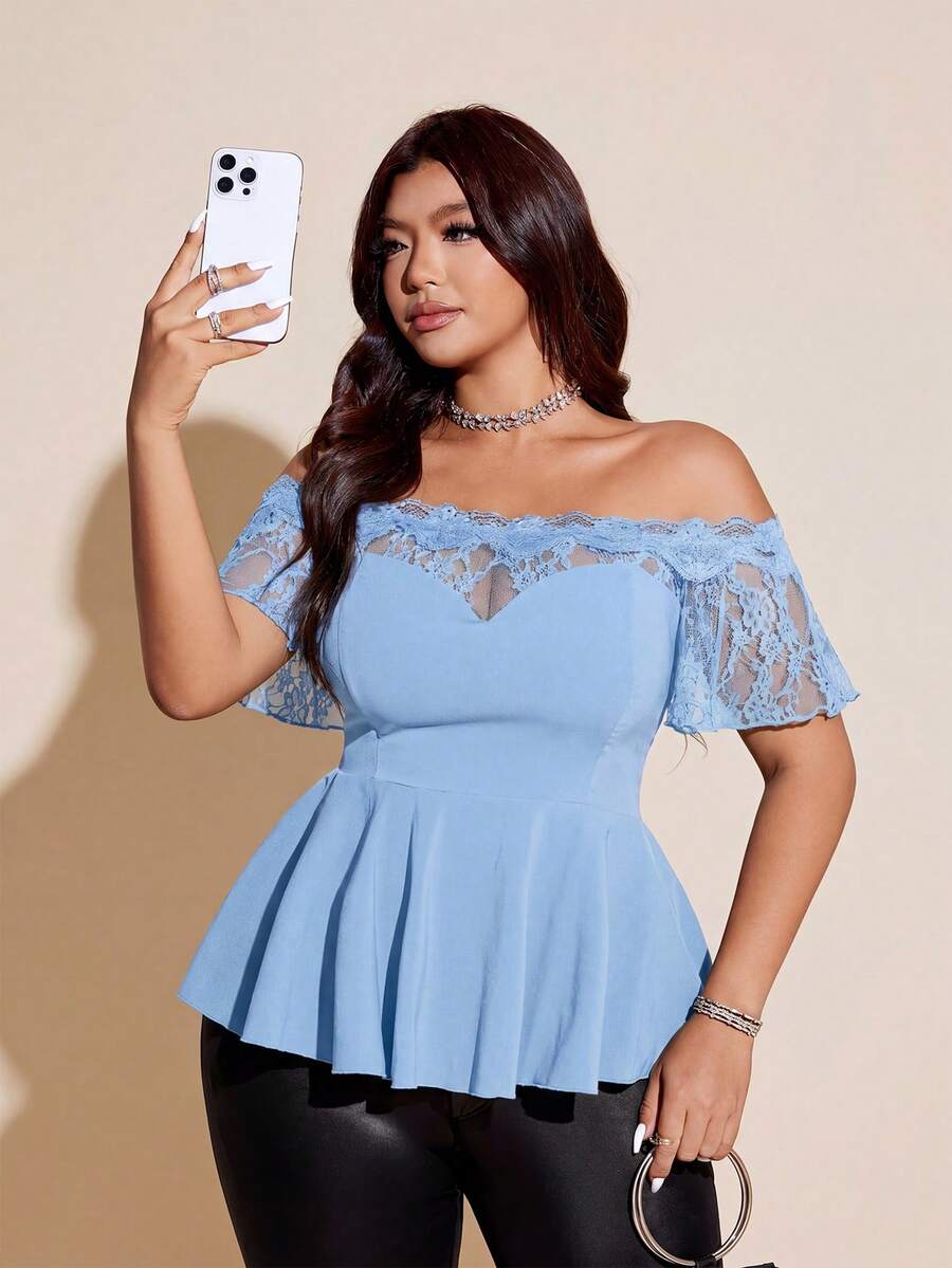 Viva Relle Plus Size Sexy Lace Patchwork Off-Shoulder Black Slim Fit Blouse - Blue - View 1