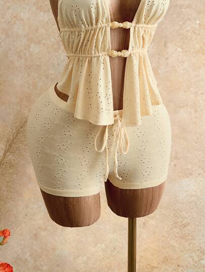 SHEIN Glamour European And American Sexy Lady Casual Versatile Super Short Hollow-Out Elastic Knit Shorts