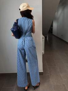 DAZY 女士全印花纽扣休闲日常牛仔连体裤 - 藍色 - 查看 2