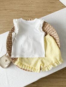 SHEIN Playful Pals Setelan Atasan Camisole Rajut Jacquard Warna Gading dengan Hiasan Ruffle dan Celana Pendek Warna Pink dengan Hiasan Ruffle untuk Anak Perempuan (Ukuran Kecil), Pakaian Musim Panas Bayi yang Lucu dan Menggemaskan - Kuning - View 2