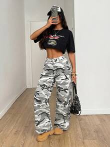 SHEIN PETITE 女款迷彩圖案彈性腰帶牛仔褲 派對街頭風 小碼女款 - 彩色 - 查看 3