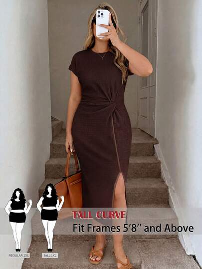 SHEIN Tall CURVE Đầm nữ cỡ lớn, màu trơn, cổ tròn, tay ngắn, kiểu dáng thường ngày, xẻ tà bên hông.