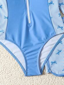SHEIN Set Baju Renang Anak Perempuan Remaja Motif Garis Biru Putih yang Lucu, Baju Renang Lengan Panjang dengan Celana Pendek, Baju Renang 2 Potong untuk Liburan Musim Panas dan Pesta Kolam Renang dengan Resleting, Sopan - Biru - View 6