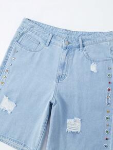 ROMWE MEN Men's Summer Casual Fashion Street Daily Commute Rhinestone Distressed Loose Denim Shorts - Blue - View 5