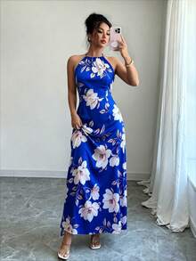 Elenzga 女士优雅时尚通勤休闲舒适迷人复古简约高端浪漫度假夏季沙滩无袖吊带A字下摆缎面大碎花连衣裙（随机印花） - 藍色 - 查看 6