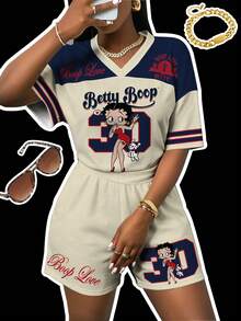 Slaydiva Betty Boop x SHEIN 大尺碼女款卡通條紋印花短袖T恤與休閒短褲兩件套 - 彩色 - View 6