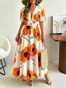 Ceyna Đầm hoa lãng mạn, thanh lịch mới dành cho nữ cỡ lớn, đầm đi nghỉ mát không tay, đầm dài xòe xẻ tà bên hông dệt in họa tiết cho mùa hè. - trái cam - Xem 6