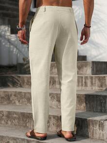 VENTUSAIL Men Solid Drawstring Waist Pants Tapered Long Slacks Linen Cool Plain Going Out, Fall, Holiday - Apricot - View 2