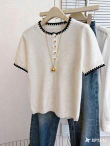SHEIN Franclia 女士直筒休闲针织上衣，采用纹理面料、撞色滚边和纽扣闭合设计 - 米色 - 查看 3