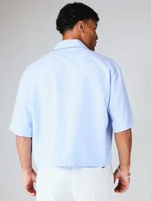 SUMWON Kemeja Kancing Depan Lengan Pendek Bergaris Model Boxy Fit dengan Kerah Camp, Gaya Liburan Musim Panas - Biru - View 5