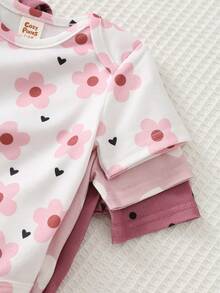 Cozy Pixies Set 6 Potong untuk Bayi Perempuan Baru Lahir: Romper Lengan Pendek Leher Bulat Lembut Motif Hati & Celana Pinggang Elastis - Berwarna merah muda - View 4
