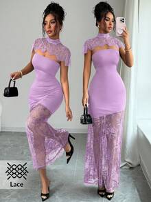 SHEIN Elenzya Solid Color Lace Patchwork Hollow Out Sheer Fitted Short Sleeve Dress - Purple - View 1