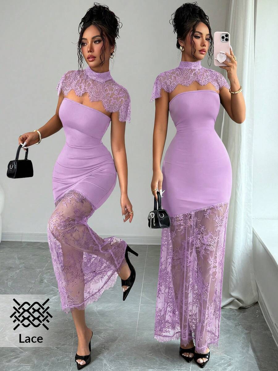 SHEIN Elenzya Solid Color Lace Patchwork Hollow Out Sheer Fitted Short Sleeve Dress - Purple - View 1