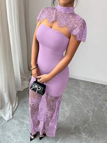 SHEIN Elenzya Solid Color Lace Patchwork Hollow Out Sheer Fitted Short Sleeve Dress - Purple - View 6