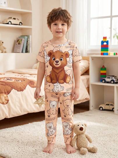 Boys' Snug Fit Sleepwear Set, Cute Cartoon Bear Print, Soft & Comfortable Stretchy Fabric Short Sleeve & Long Pants, 2pcs Summer Loungewear