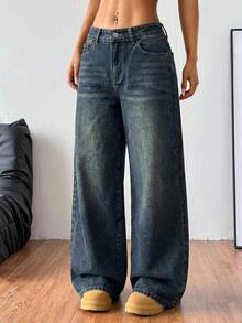 Coolane Quần jeans nữ ống rộng rách gối với túi xéo - Rửa tối - Xem 5