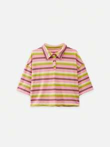 Nöista 短版條紋短袖 Polo 衫，附鈕扣門襟，適合夏季度假 - 粉色 - 查看 6