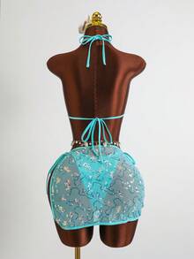 Costavie Bộ 3 món, áo ngực tam giác bằng vải đính sequin nhiều màu sắc, quần bơi buộc dây bên hông và váy ngắn vuông đính sequin, bộ bikini gợi cảm dành cho nữ, mùa xuân/hè. - Màu xanh Bạc hà - Xem 13