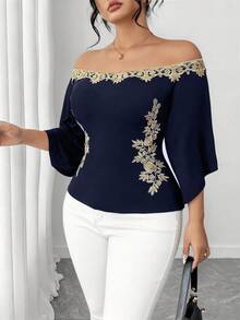 Elenzga Chemise d'été élégante à épaules dénudées avec broderie florale, grande taille - Bleu marine - Voir 5