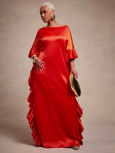 Vixey Đầm Kaftan maxi dáng suông, cổ thuyền, chi tiết bèo nhún, chất liệu satin trơn.
