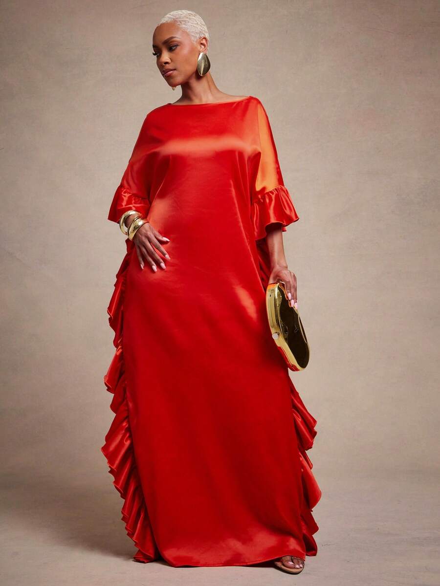 Vixey Solid Satin Boat Neck Ruffle Detail Maxi Flowy Kaftan Dress - Orange - View 1