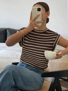 Siren Gaze Women's Brown Striped Stripe Stripe Stripe Stripe Print Round Neck Short Sleeve T-Shirt,Summer Topworld Cup Brunch Casual French Brunch Brunch Brunch - Brown - View 3