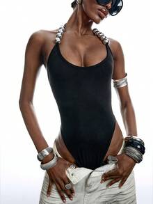 LYSMO 2026 New Arrive Minimalism Spring/Summer  Women's Shiny Beaded Decorative Halter Bodysuit - Black - View 1