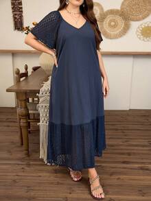 Lacomfia Vestido holgado de talla grande de manga dolman con cuello en V, parche de encaje y unicolor, para primavera/verano - Azul Marino - Ver 5