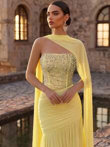 Aureia Elegant Luxurious Sequin Diamond Strapless Mermaid Patchwork Elastic Knit Maxi Dress For Weddings,Events,Parties,Vacations,Galas,Formal Occasions - Light Yellow - View 3