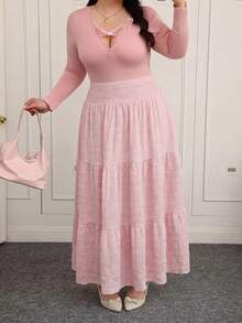 CovetEZ 大尺碼女款純色休閒百搭約會/旅行裙 - 粉色 - 查看 4