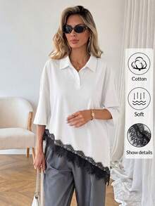 Easowa Áo thun ngắn tay nữ phối ren, kiểu dáng thường ngày đa năng; Áo polo nữ màu trắng bằng cotton với viền ren đen; Áo thun nữ màu trắng pha cotton với viền ren tinh tế và thiết kế bất đối xứng độc đáo; Áo mùa hè màu trắng. - trắng - Xem 5