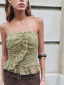 Nöista Áo quây ngực in họa tiết và có chi tiết bèo nhún phía trước, màu hồng và nâu, đường may nhún ở phía sau và khóa kéo ẩn ở đường may bên hông. Áo mùa hè, trang phục mùa xuân, lễ Phục sinh, phong cách thanh lịch và trang trọng, kỳ nghỉ. - màu xanh lá - Xem 3