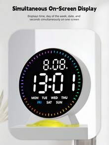 Reloj despertador digital LED redondo con luz nocturna RGB, doble alarma, pantalla de fecha y semana, brillo ajustable, reloj de escritorio moderno para dormitorio, oficina y decoración del hogar - Multicolor - Ver 9