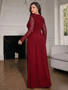 Modelyn 大码优雅泡泡珠撞色蕾丝A字中长连衣裙，派对礼服，婚礼宾客礼服，正式礼服，晚礼服，长裙，情人节礼服 - 酒紅色 - 查看 2
