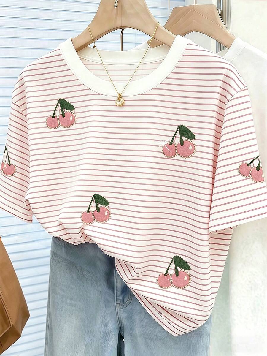 EMERY ROSE Plus Size Women's Casual Cherry Striped Print Round Neck Short Sleeve T-Shirt, Suitable For Spring And Summer - Multicolor - View 1