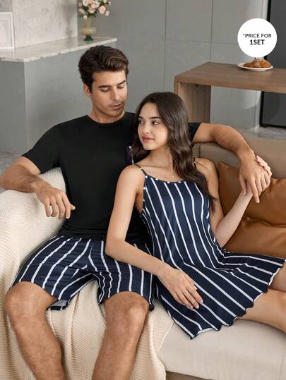 CoupledUp Contrast Color Pocket Striped Print Short Sleeve Shorts Men Pajama Set