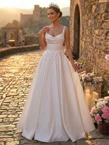 Glamrae Elegant Luxurious Satin Ruffle Collar Design Extra-Large Hem Suitable For Wedding, Singles Party, Vacation, Ball, Holiday, Honeymoon Bridal Gown - White - View 5