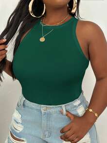 Slaydiva Plus Size Casual Basic Fitted White Round Neck Off-Shoulder Tank Top - Green - View 3