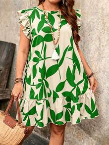 Breezaya Plus Size Women Round Neck Ruffle Sleeve Floral Print Loose Summer Vacation Dress - Green - View 1