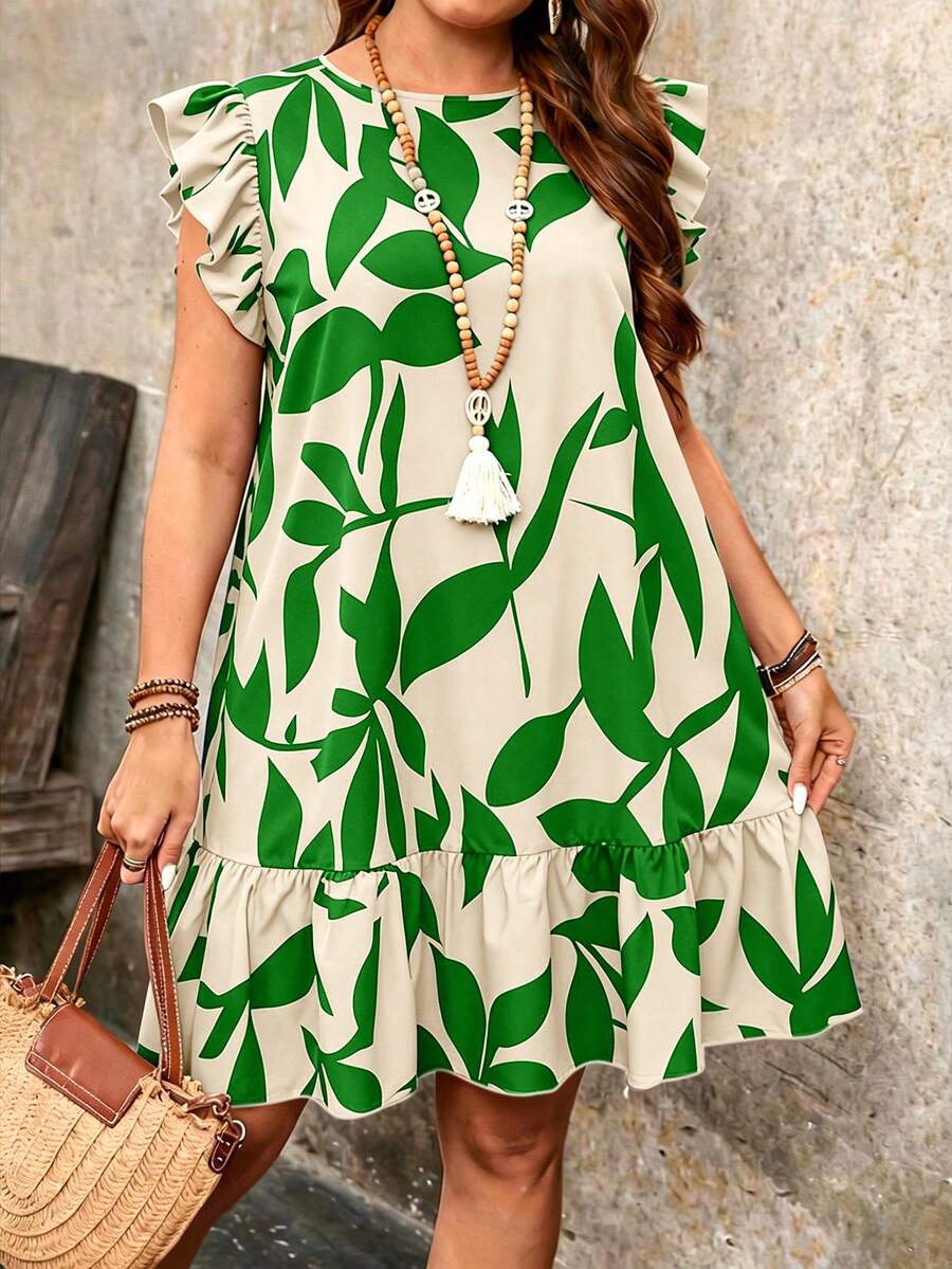 Breezaya Plus Size Women Round Neck Ruffle Sleeve Floral Print Loose Summer Vacation Dress - Green - View 1
