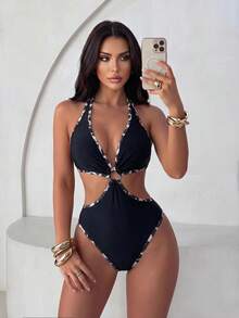 Swim SXY Women's One-Piece Swimsuit With Cutout Waist, Leopard Print Trim, And Halter Neck - Coffee Brown - View 3